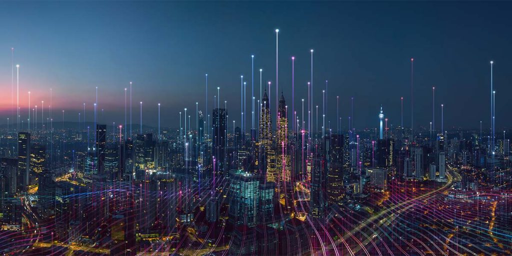 Cityscape with lines demonstrating technology