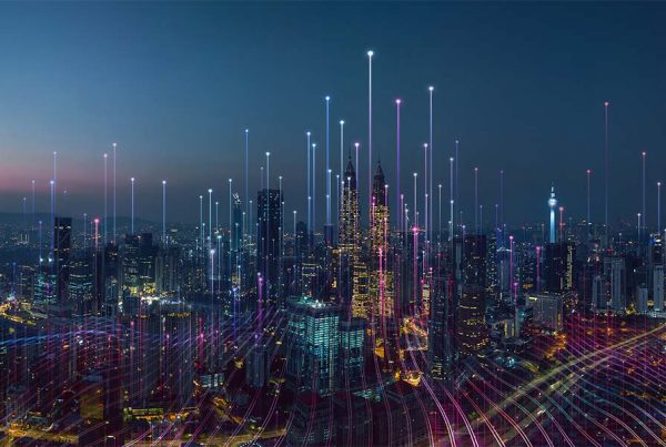 Cityscape with lines demonstrating technology