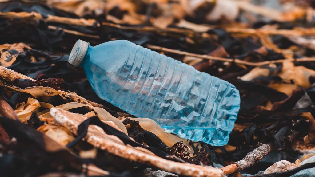 Plastic bottle resting on beach having been discarded