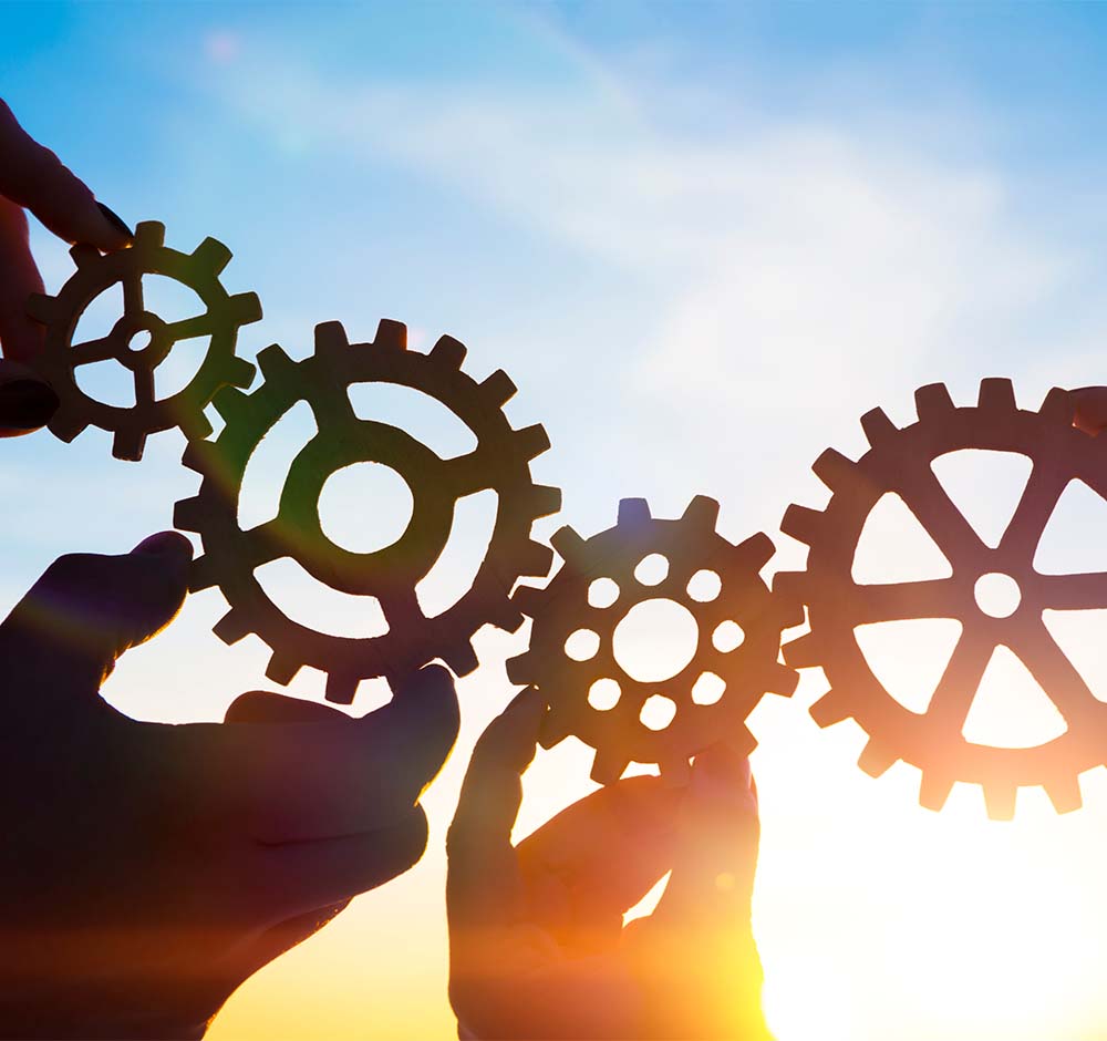 Four people holding different sized gears to represent system working together