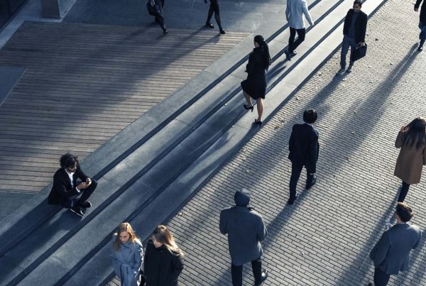 People walking through square
