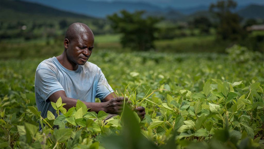 A farmer tends to his crops in a green field