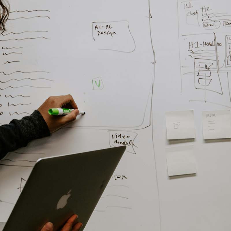 Two colleagues working at a whiteboard