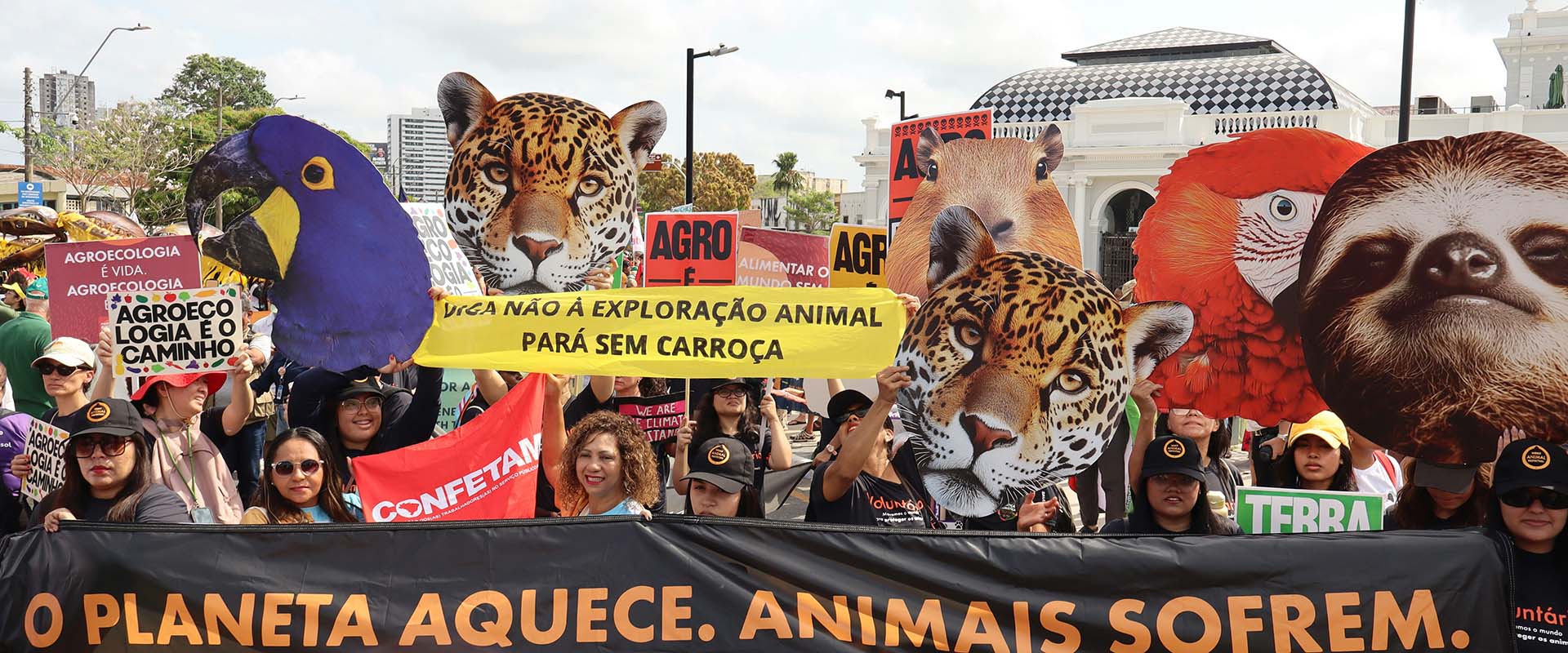 Protestors outside of COP30 in Belém, Brazil